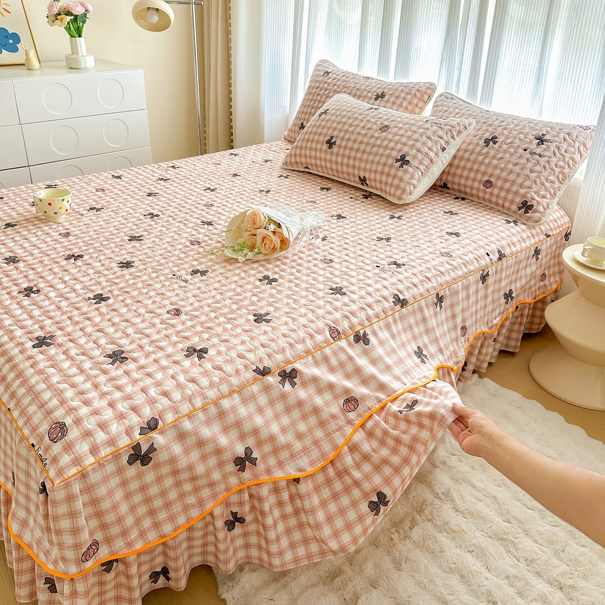 91家纺网 家纺一手货源 找家纺 笠裙家纺 2025新款磨毛夹棉S边单件三件套韩版防滑床裙单床裙床裙单件 蝶恋