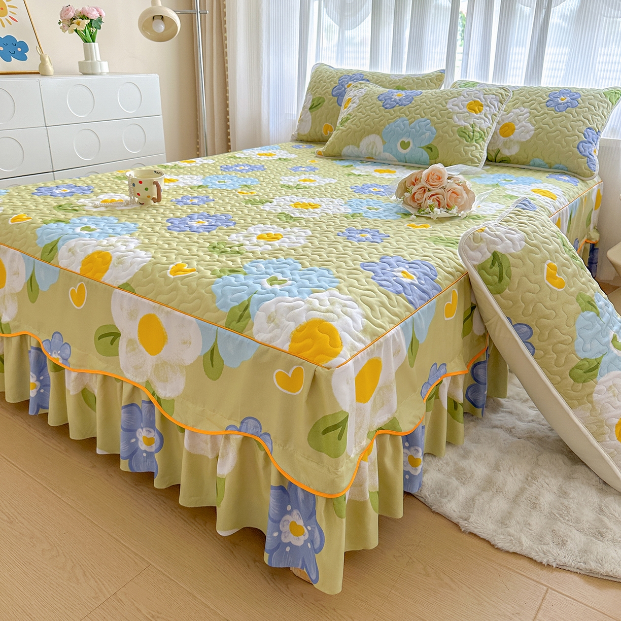 91家纺网 家纺一手货源 找家纺 笠裙家纺 2025新款磨毛夹棉S边单件三件套韩版防滑床裙单床裙床裙单件 花爱