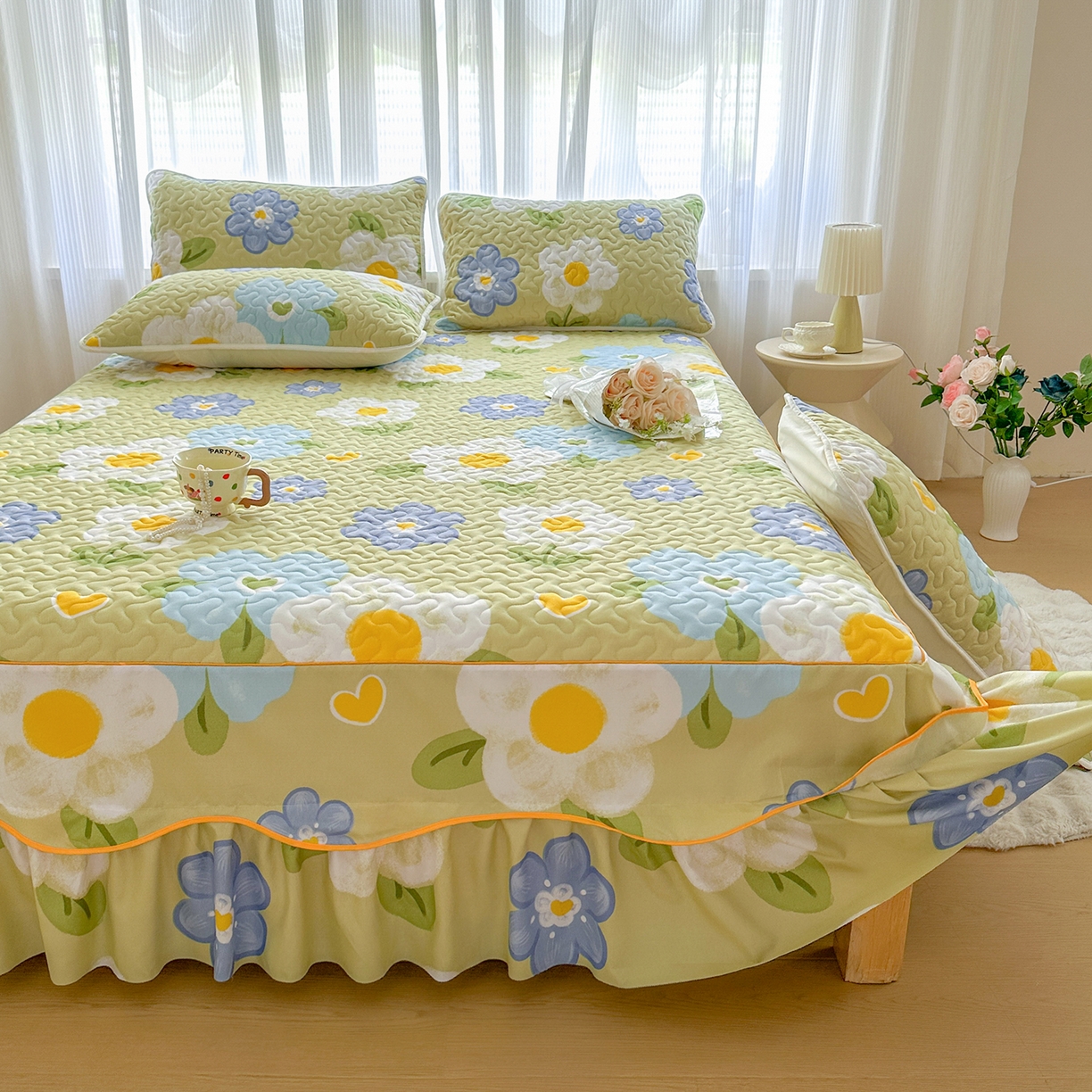 91家纺网 家纺一手货源 找家纺 笠裙家纺 2025新款磨毛夹棉S边单件三件套韩版防滑床裙单床裙床裙单件 花爱