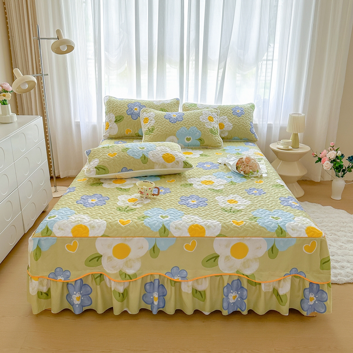 91家纺网 家纺一手货源 找家纺 笠裙家纺 2025新款磨毛夹棉S边单件三件套韩版防滑床裙单床裙床裙单件 花爱