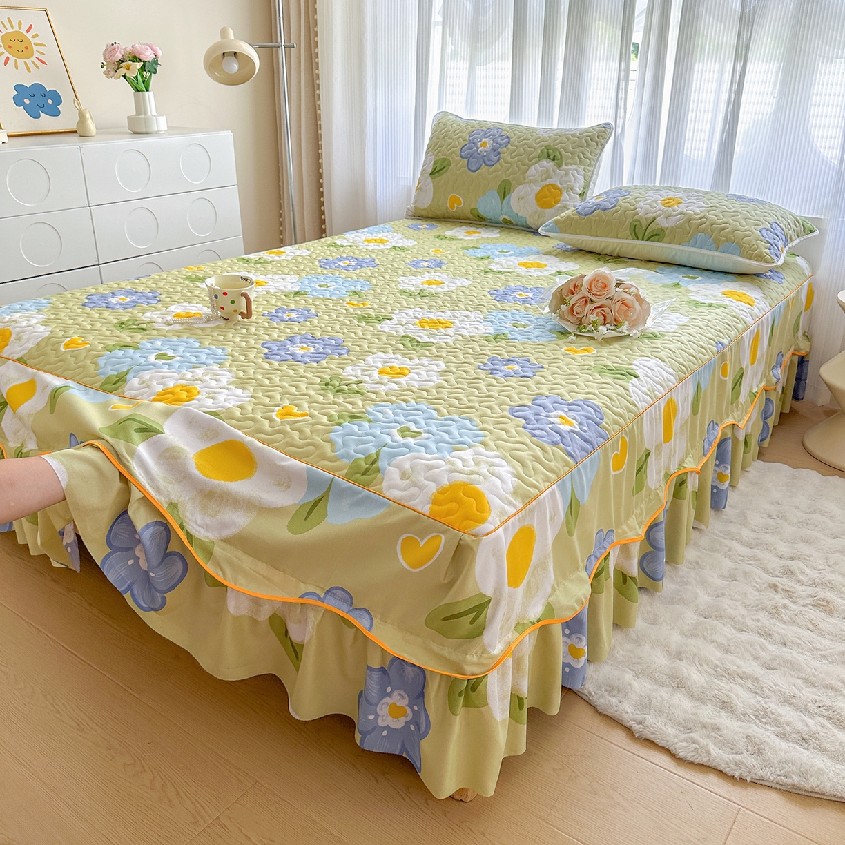 91家纺网 家纺一手货源 找家纺 笠裙家纺 2025新款磨毛夹棉S边单件三件套韩版防滑床裙单床裙床裙单件 花爱