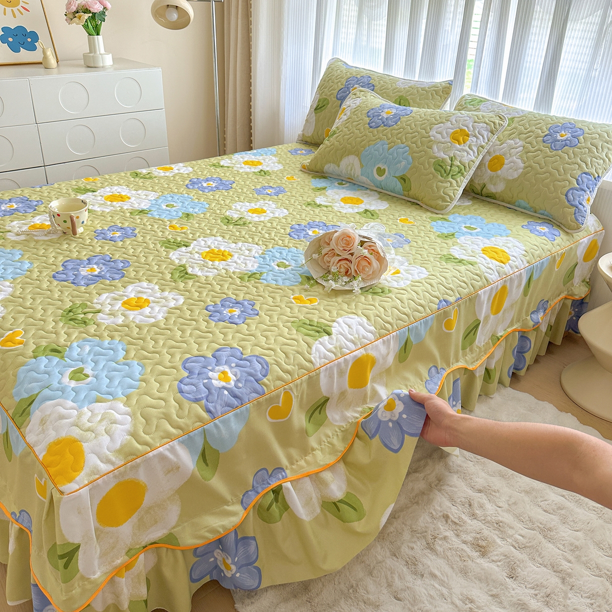 91家纺网 家纺一手货源 找家纺 笠裙家纺 2025新款磨毛夹棉S边单件三件套韩版防滑床裙单床裙床裙单件 花爱