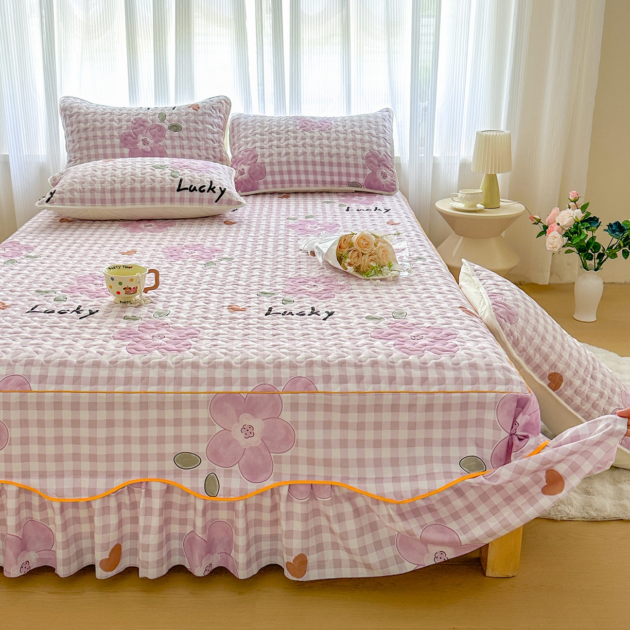 91家纺网 家纺一手货源 找家纺 笠裙家纺 2025新款磨毛夹棉S边单件三件套韩版防滑床裙单床裙床裙单件 花舞