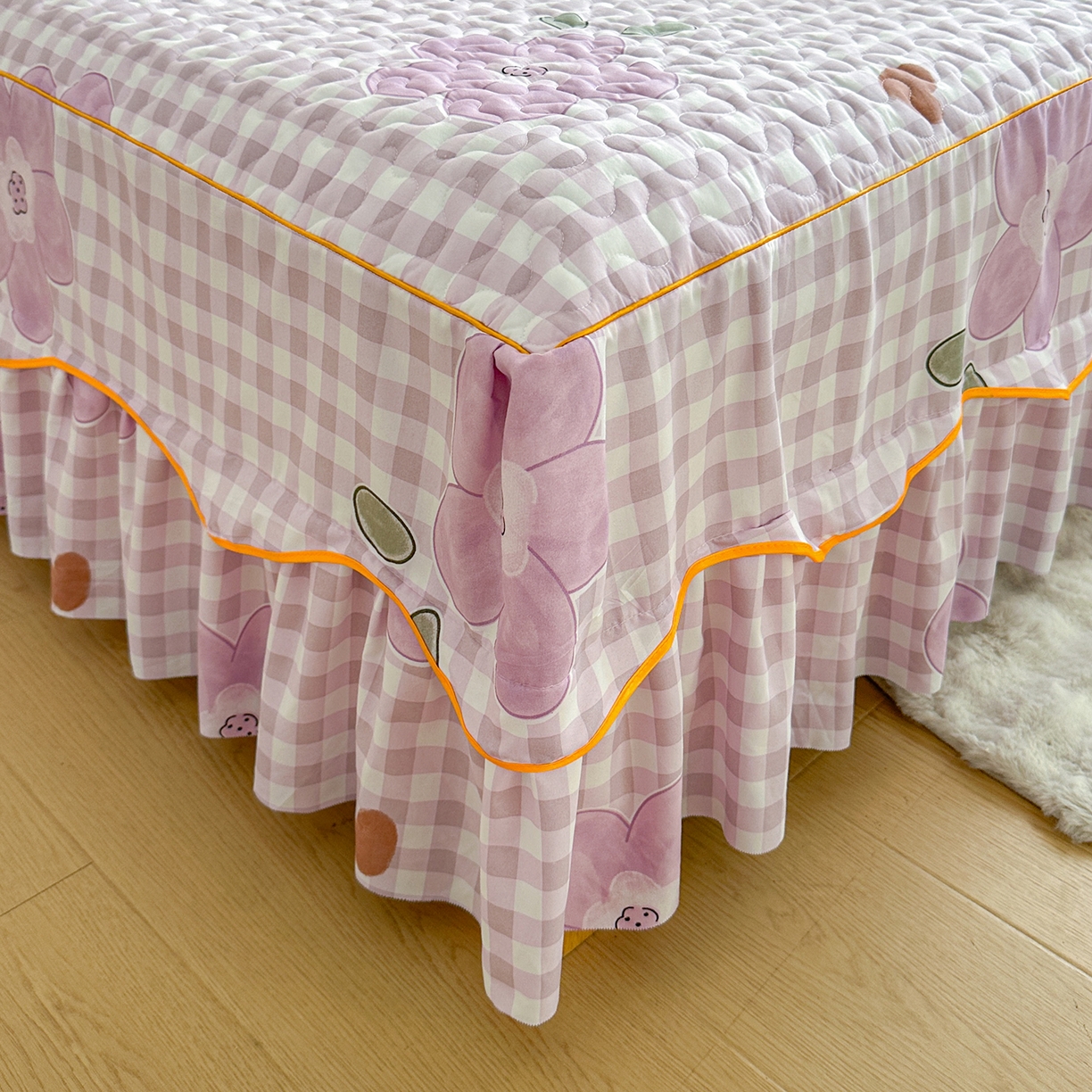 91家纺网 家纺一手货源 找家纺 笠裙家纺 2025新款磨毛夹棉S边单件三件套韩版防滑床裙单床裙床裙单件 花舞