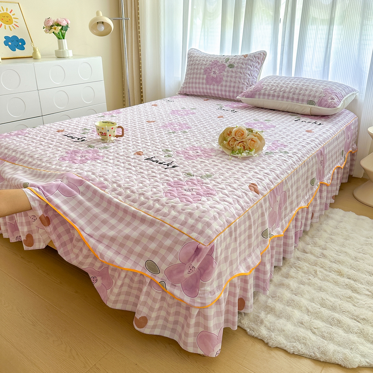 91家纺网 家纺一手货源 找家纺 笠裙家纺 2025新款磨毛夹棉S边单件三件套韩版防滑床裙单床裙床裙单件 花舞