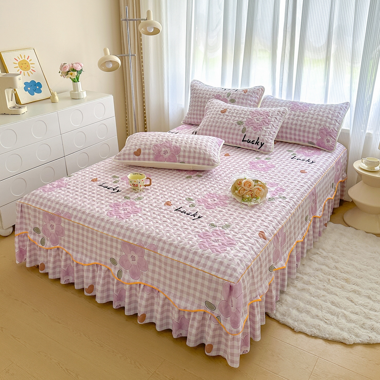 91家纺网 家纺一手货源 找家纺 笠裙家纺 2025新款磨毛夹棉S边单件三件套韩版防滑床裙单床裙床裙单件 花舞