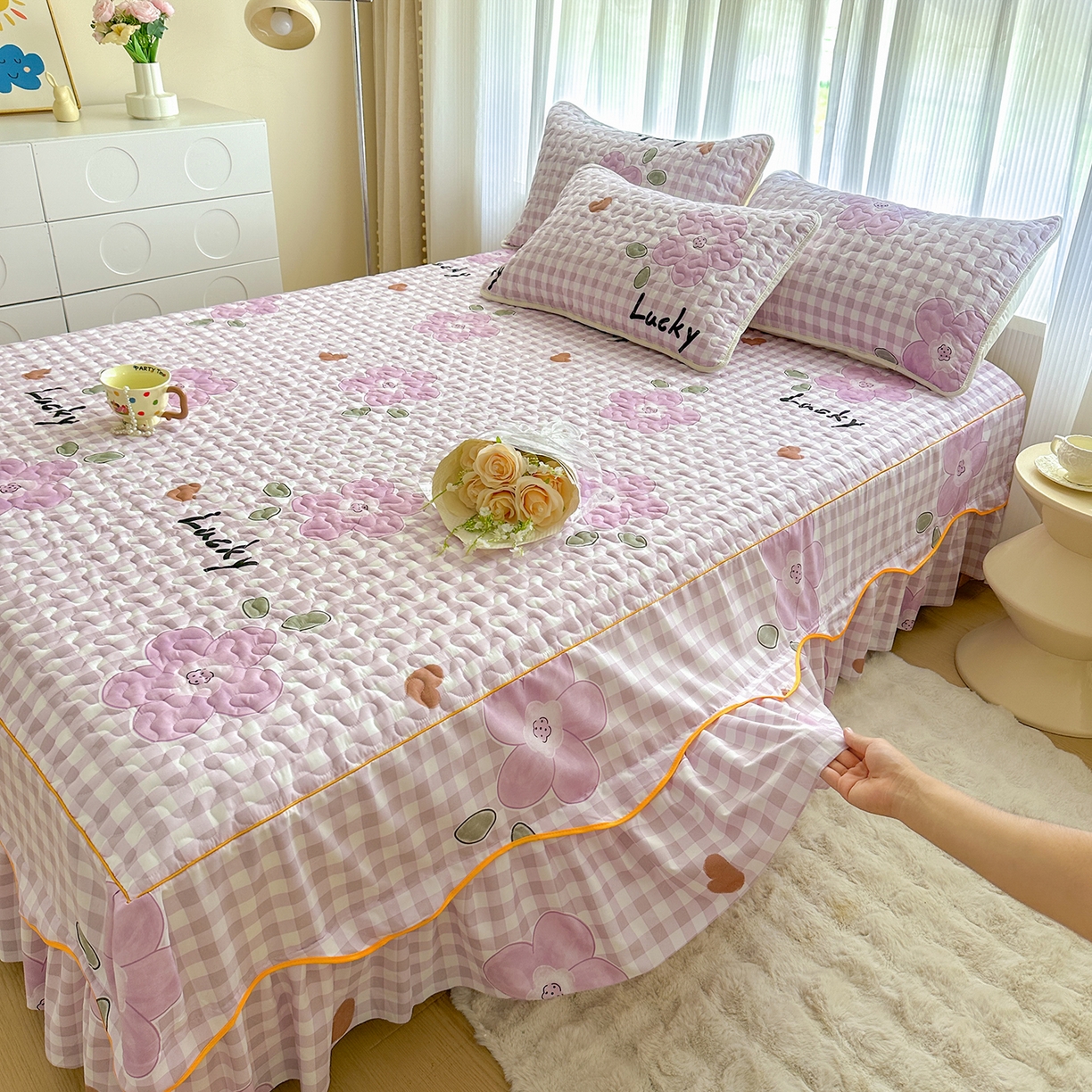 91家纺网 家纺一手货源 找家纺 笠裙家纺 2025新款磨毛夹棉S边单件三件套韩版防滑床裙单床裙床裙单件 花舞