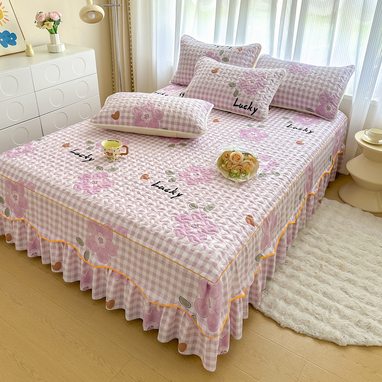 91家纺网 家纺一手货源 找家纺 笠裙家纺 2025新款磨毛夹棉S边单件三件套韩版防滑床裙单床裙床裙单件 花舞