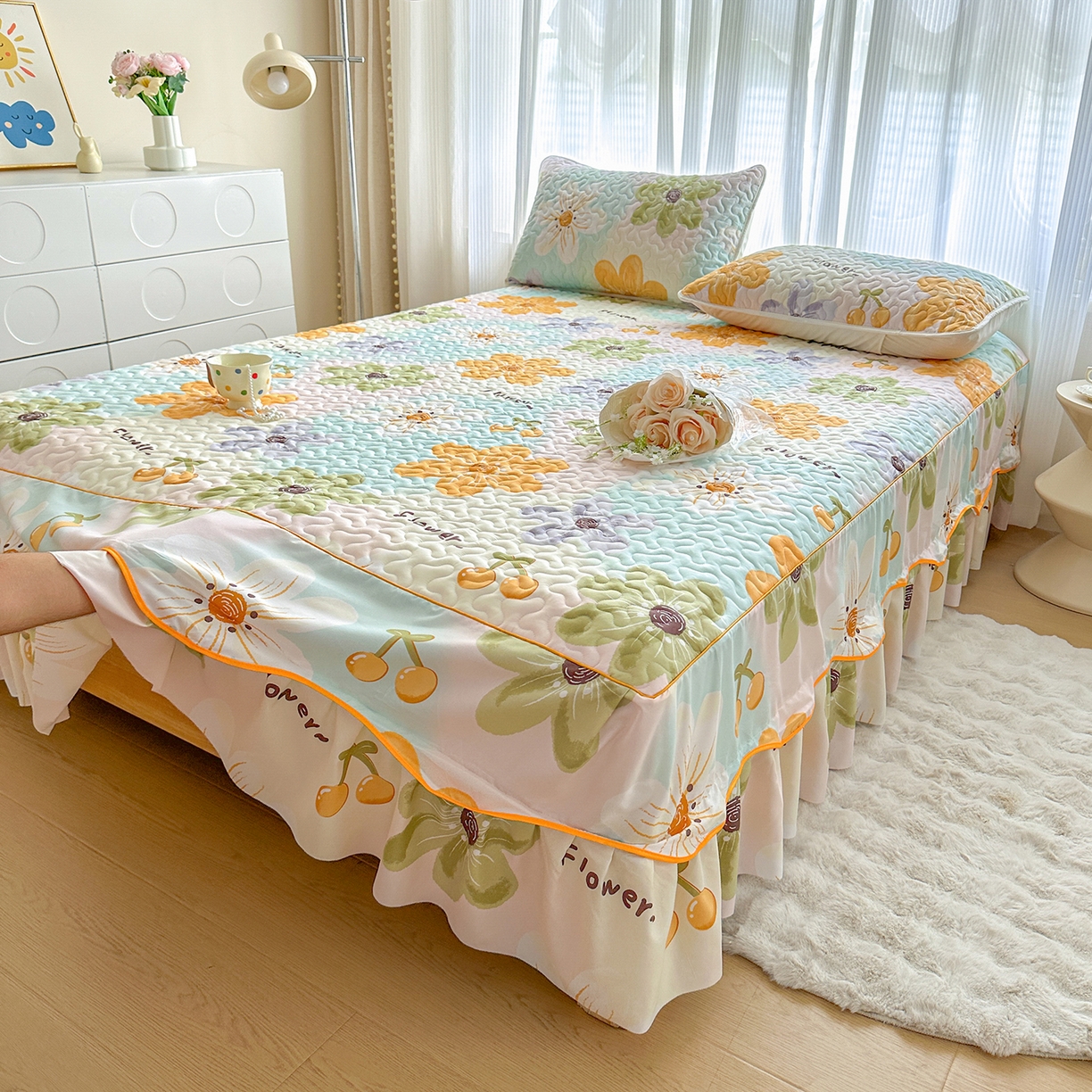 91家纺网 家纺一手货源 找家纺 笠裙家纺 2025新款磨毛夹棉S边单件三件套韩版防滑床裙单床裙床裙单件 浅花