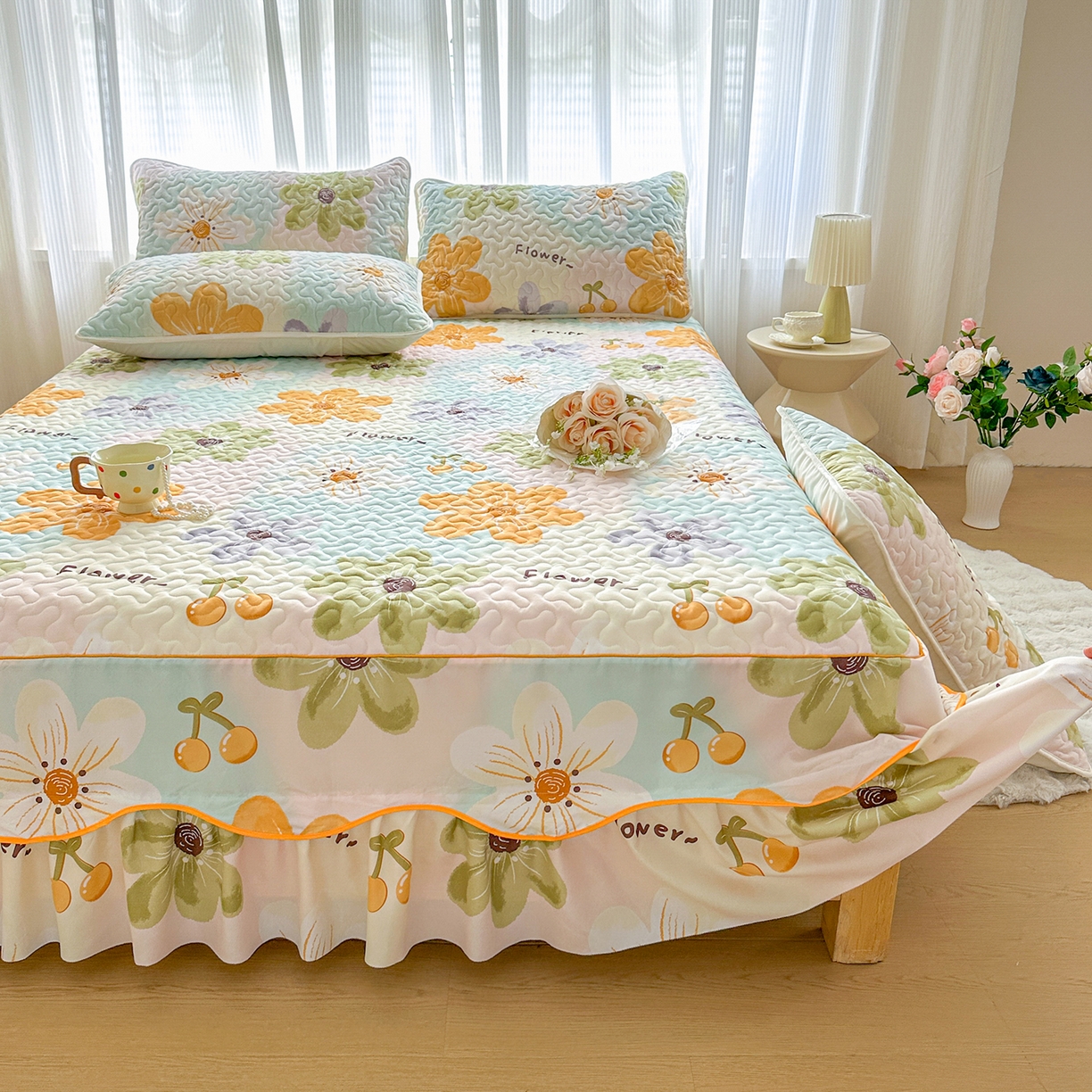 91家纺网 家纺一手货源 找家纺 笠裙家纺 2025新款磨毛夹棉S边单件三件套韩版防滑床裙单床裙床裙单件 浅花