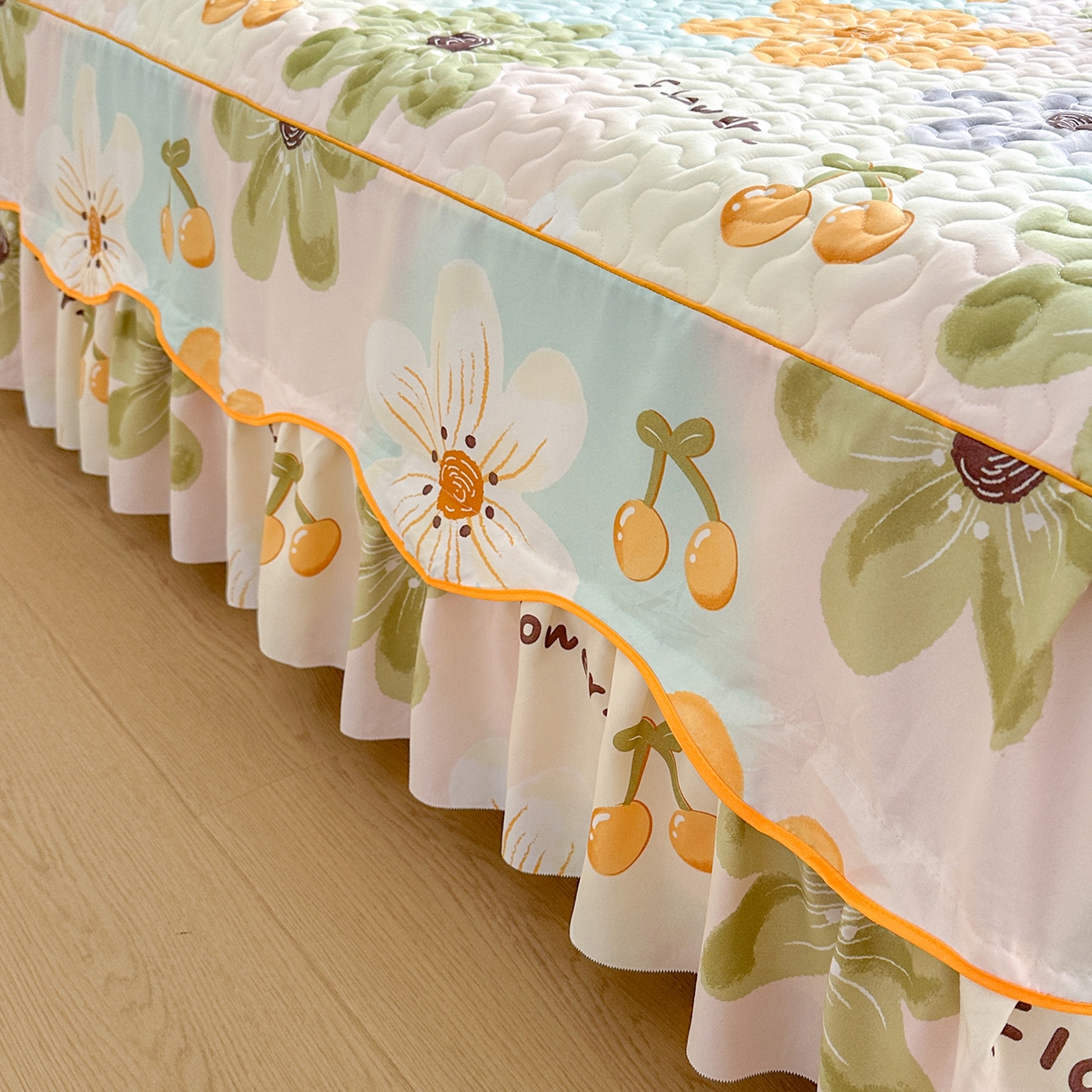 91家纺网 家纺一手货源 找家纺 笠裙家纺 2025新款磨毛夹棉S边单件三件套韩版防滑床裙单床裙床裙单件 浅花