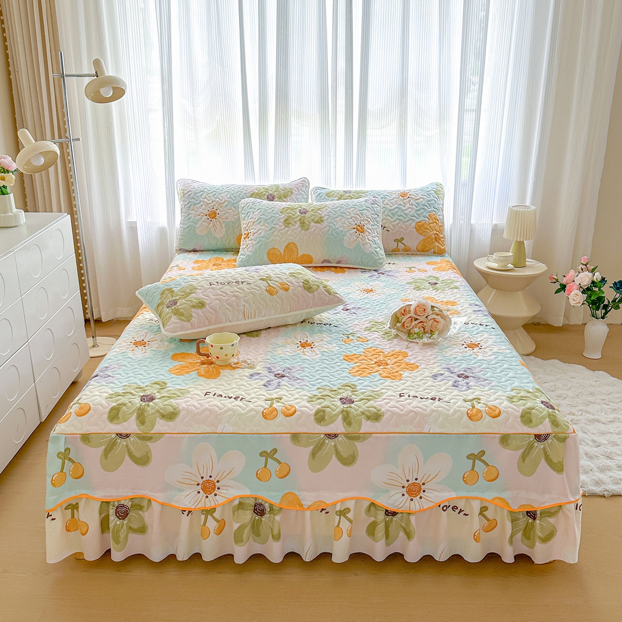 91家纺网 家纺一手货源 找家纺 笠裙家纺 2025新款磨毛夹棉S边单件三件套韩版防滑床裙单床裙床裙单件 浅花