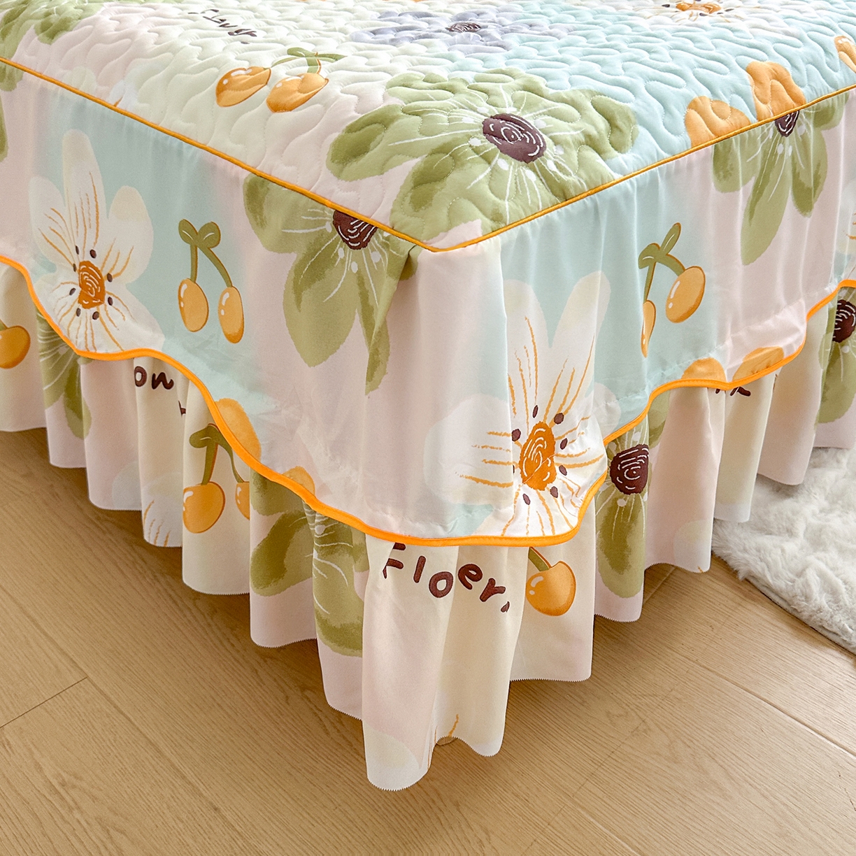 91家纺网 家纺一手货源 找家纺 笠裙家纺 2025新款磨毛夹棉S边单件三件套韩版防滑床裙单床裙床裙单件 浅花