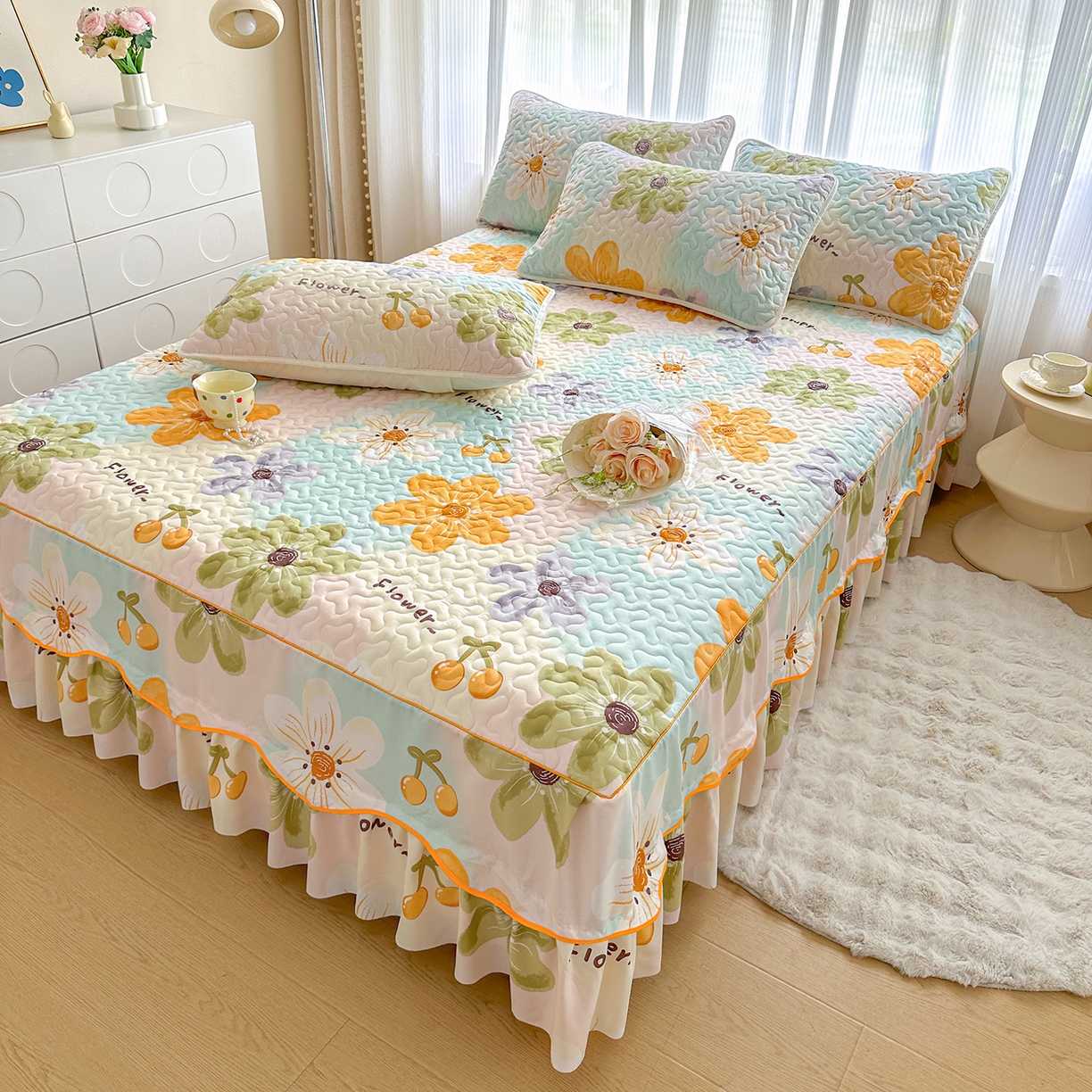 91家纺网 家纺一手货源 找家纺 笠裙家纺 2025新款磨毛夹棉S边单件三件套韩版防滑床裙单床裙床裙单件 浅花