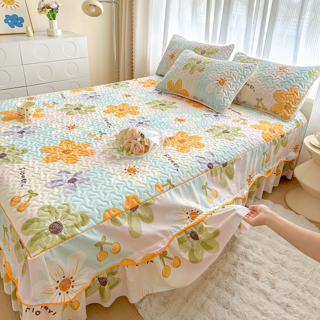 91家纺网 家纺一手货源 找家纺 笠裙家纺 2025新款磨毛夹棉S边单件三件套韩版防滑床裙单床裙床裙单件 浅花