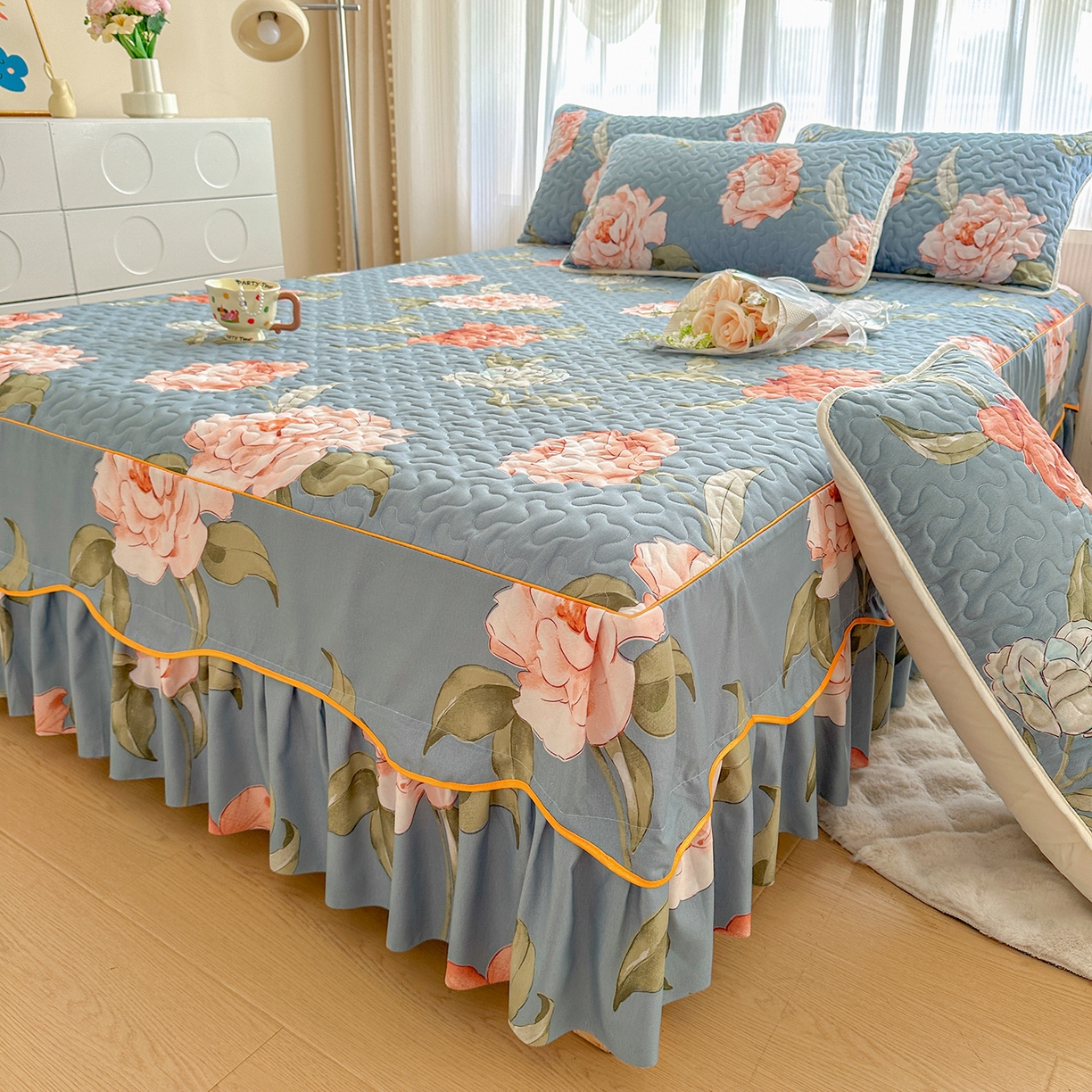 91家纺网 家纺一手货源 找家纺 笠裙家纺 2025新款磨毛夹棉S边单件三件套韩版防滑床裙单床裙床裙单件 婉华