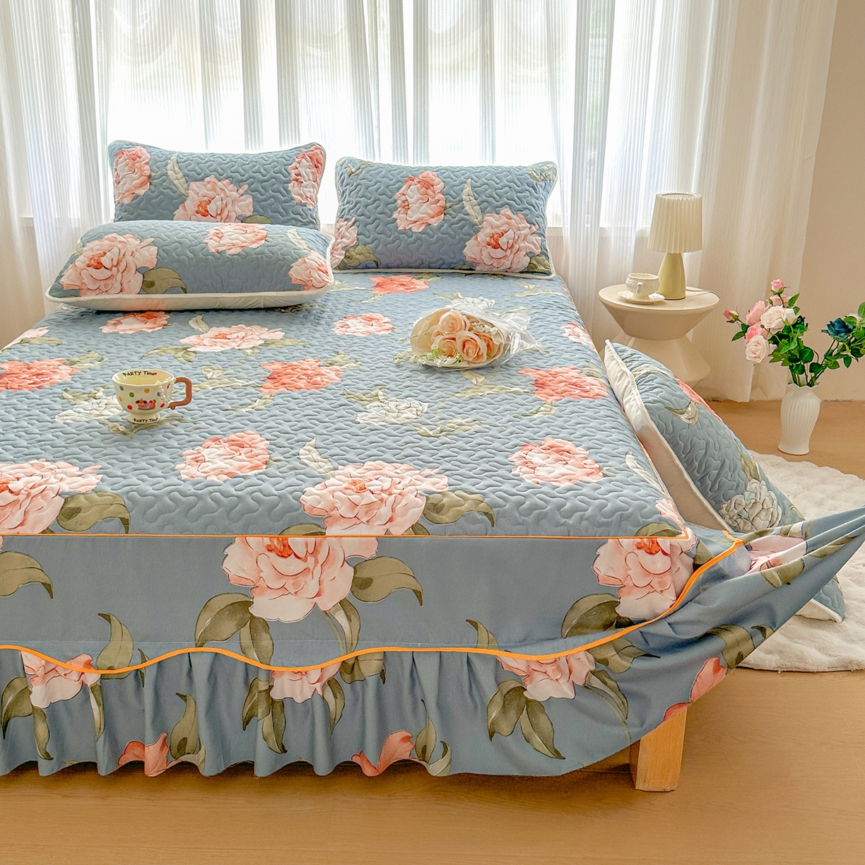 91家纺网 家纺一手货源 找家纺 笠裙家纺 2025新款磨毛夹棉S边单件三件套韩版防滑床裙单床裙床裙单件 婉华