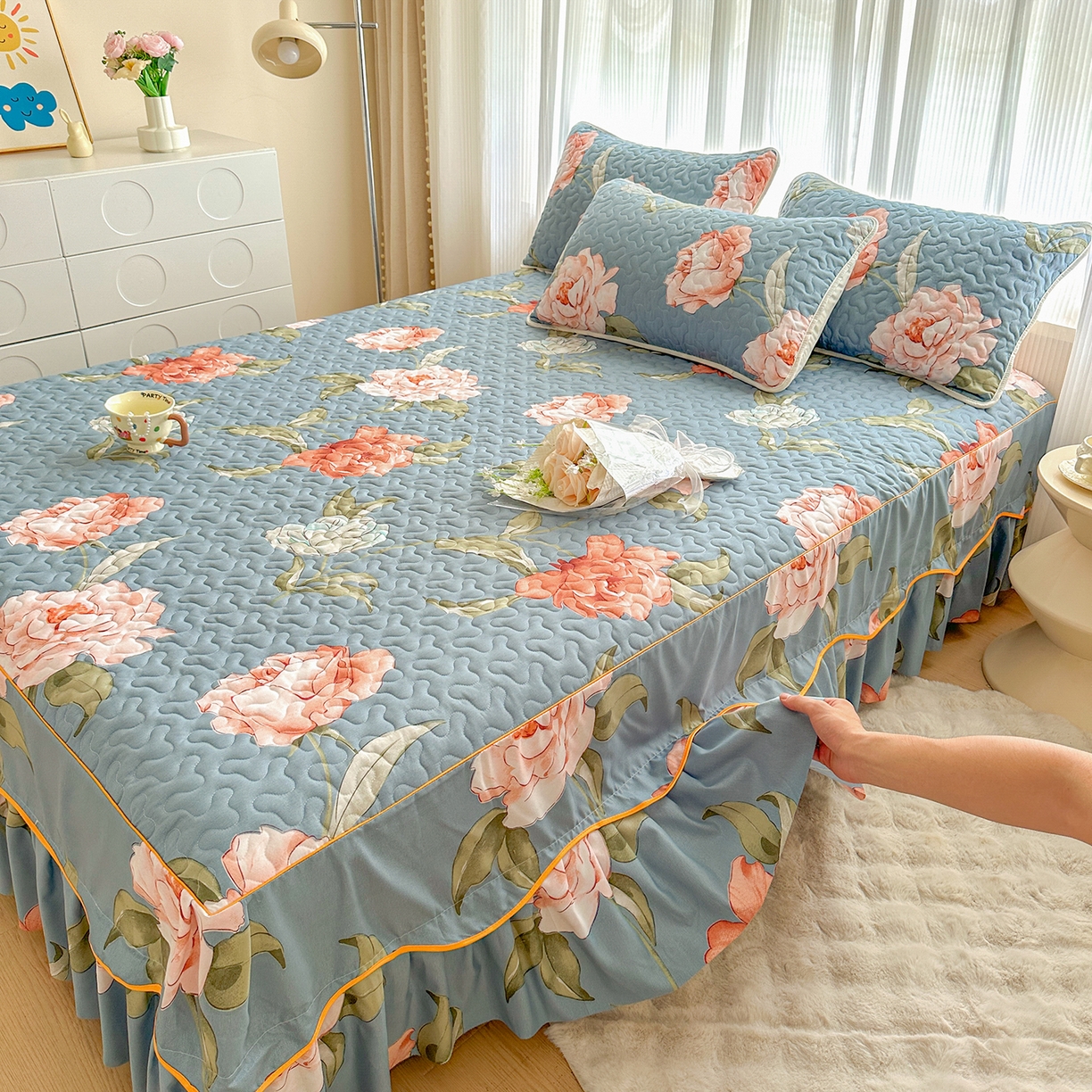 91家纺网 家纺一手货源 找家纺 笠裙家纺 2025新款磨毛夹棉S边单件三件套韩版防滑床裙单床裙床裙单件 婉华