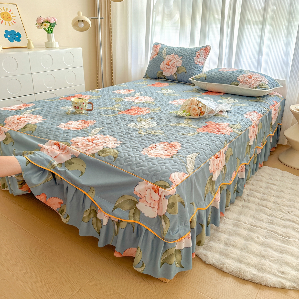 91家纺网 家纺一手货源 找家纺 笠裙家纺 2025新款磨毛夹棉S边单件三件套韩版防滑床裙单床裙床裙单件 婉华