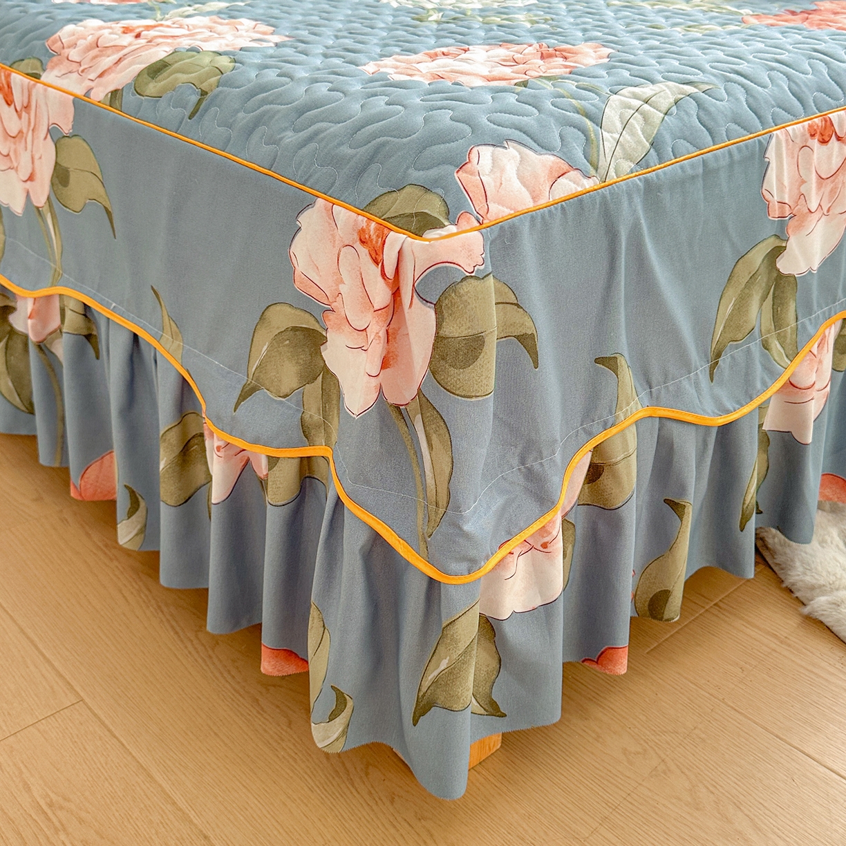 91家纺网 家纺一手货源 找家纺 笠裙家纺 2025新款磨毛夹棉S边单件三件套韩版防滑床裙单床裙床裙单件 婉华