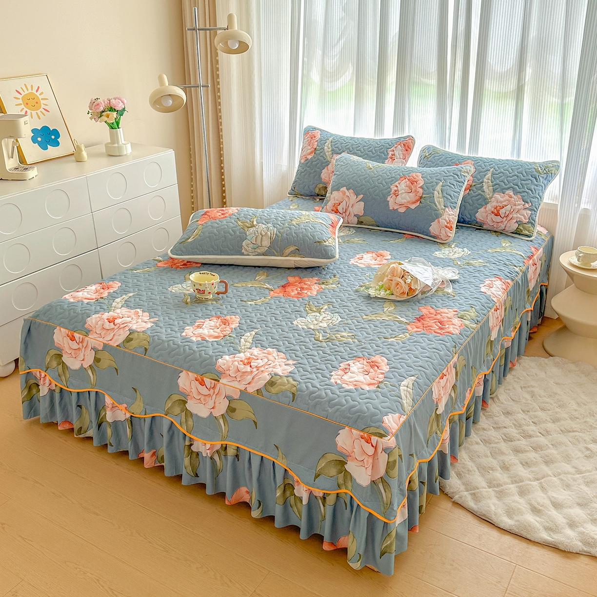 91家纺网 家纺一手货源 找家纺 笠裙家纺 2025新款磨毛夹棉S边单件三件套韩版防滑床裙单床裙床裙单件 婉华