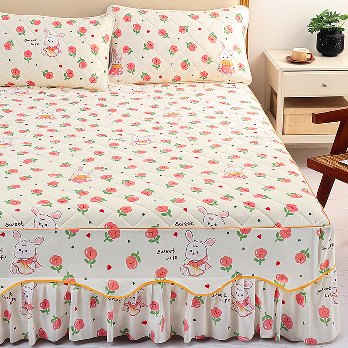 91家纺网 家纺一手货源 找家纺 笠裙家纺 2025新款磨毛夹棉S边单件三件套韩版防滑床裙单床裙床裙单件 小兔