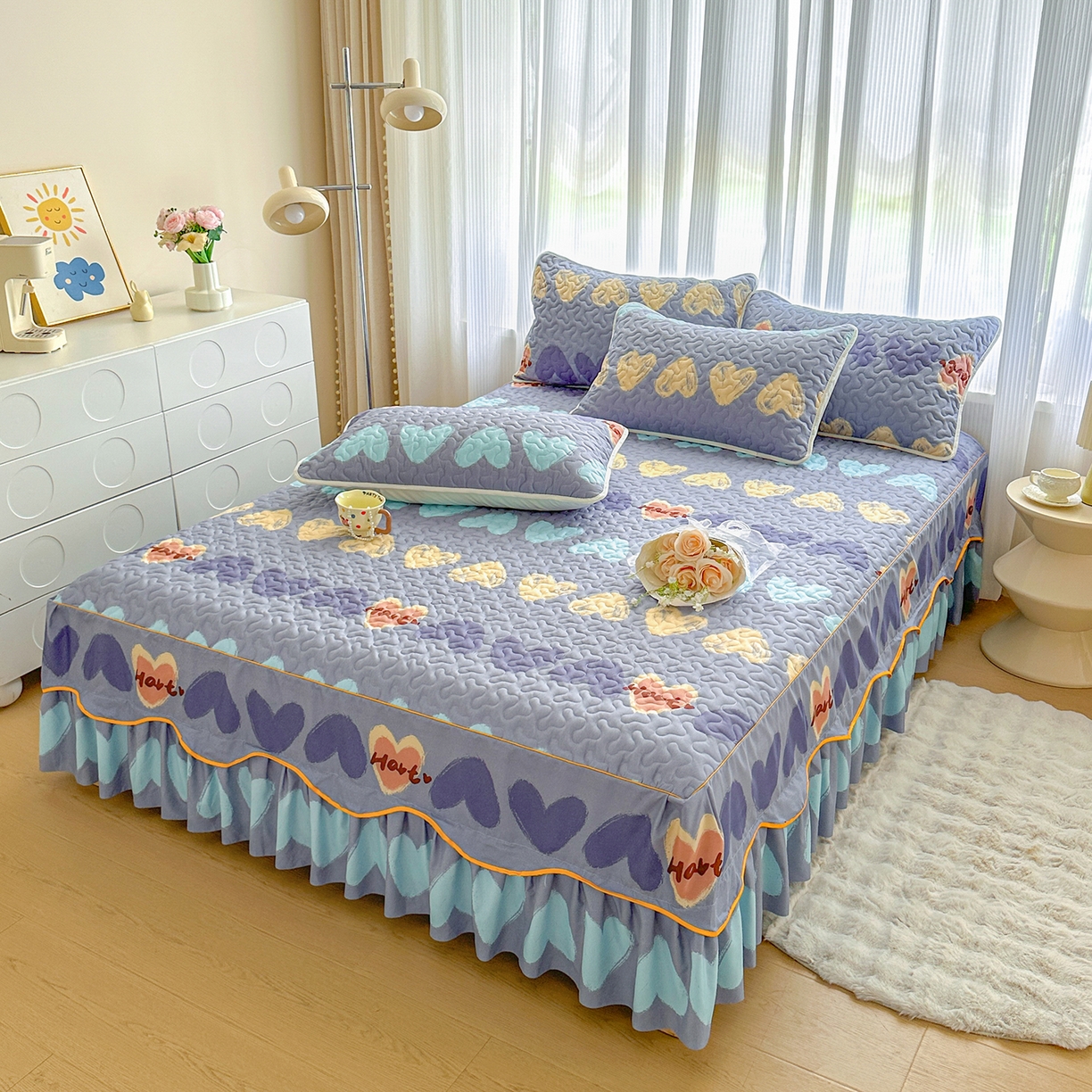 91家纺网 家纺一手货源 找家纺 笠裙家纺 2025新款磨毛夹棉S边单件三件套韩版防滑床裙单床裙床裙单件 心定律