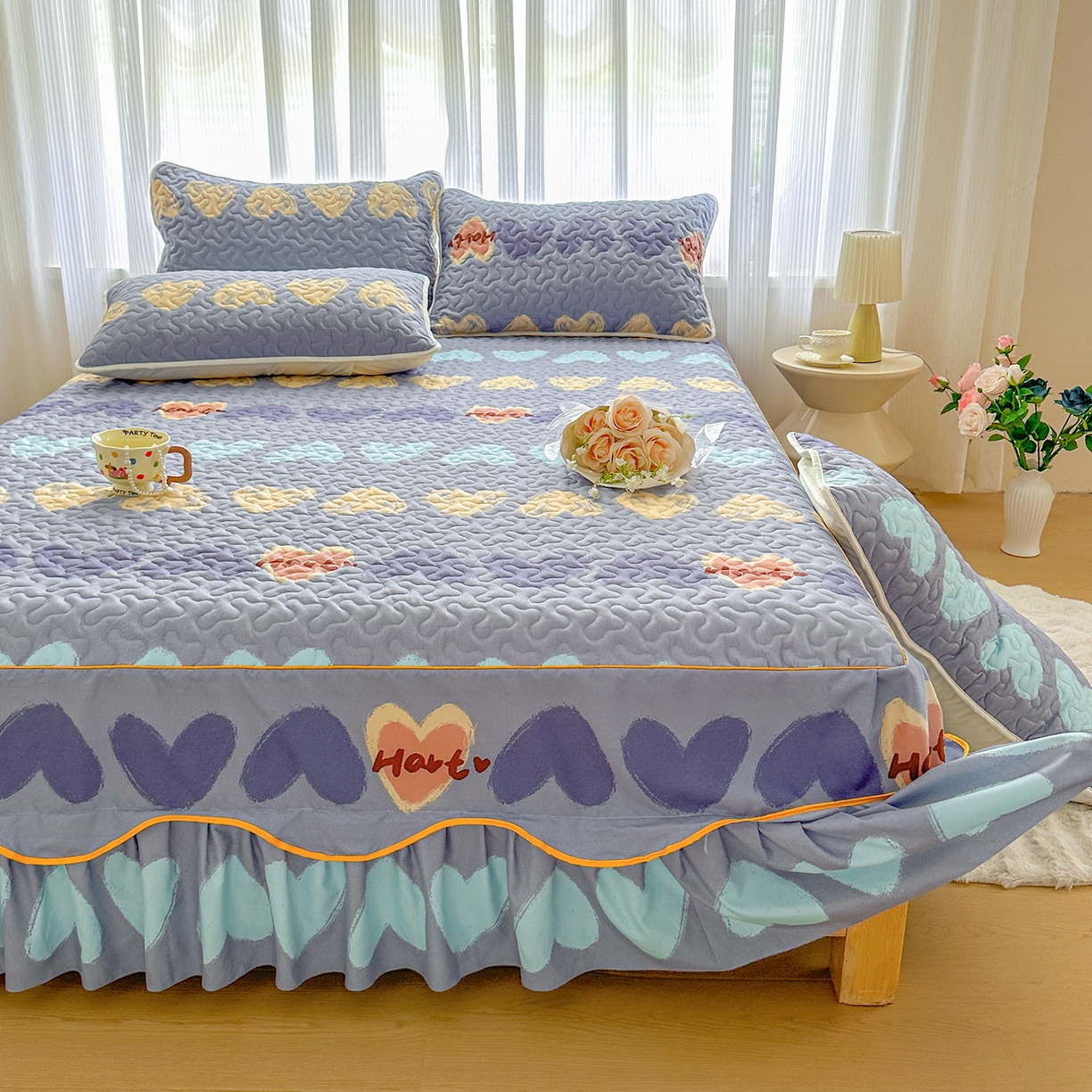 91家纺网 家纺一手货源 找家纺 笠裙家纺 2025新款磨毛夹棉S边单件三件套韩版防滑床裙单床裙床裙单件 心定律