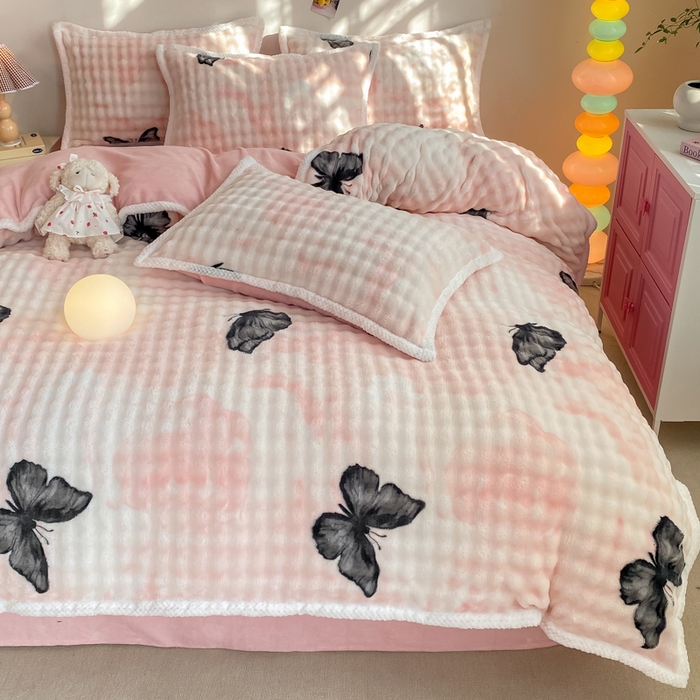 91家纺网 家纺一手货源 找家纺 （总）悦织湾家纺 2025新款床单床笠款A类仿兔毛绒印花泡泡四件套轻奢牛奶绒四件套单双人学生宿舍