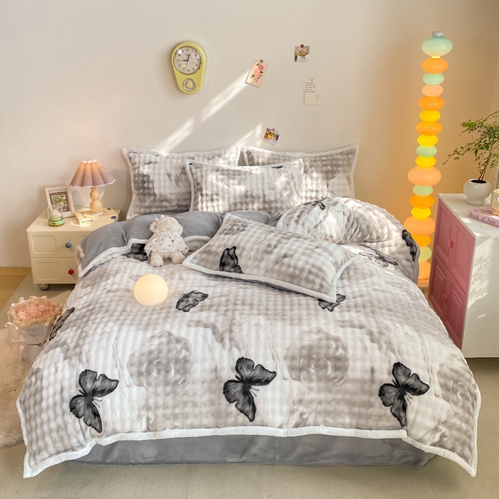 91家纺网 家纺一手货源 找家纺 （总）悦织湾家纺 2025新款床单床笠款A类仿兔毛绒印花泡泡四件套轻奢牛奶绒四件套单双人学生宿舍