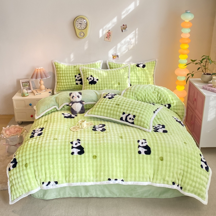 悦织湾家纺 2025新款床单床笠款A类仿兔毛绒印花泡泡四件套轻奢牛奶绒四件套单双人学生宿舍 泡泡熊猫青绿