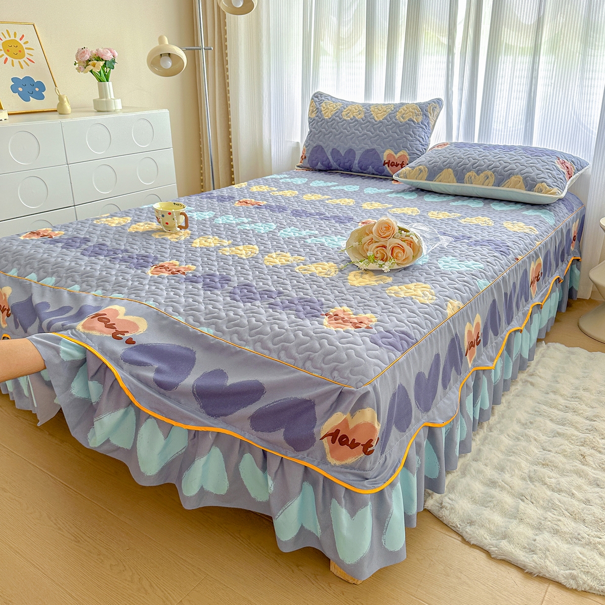 91家纺网 家纺一手货源 找家纺 笠裙家纺 2025新款磨毛夹棉S边单件三件套韩版防滑床裙单床裙床裙单件 心定律