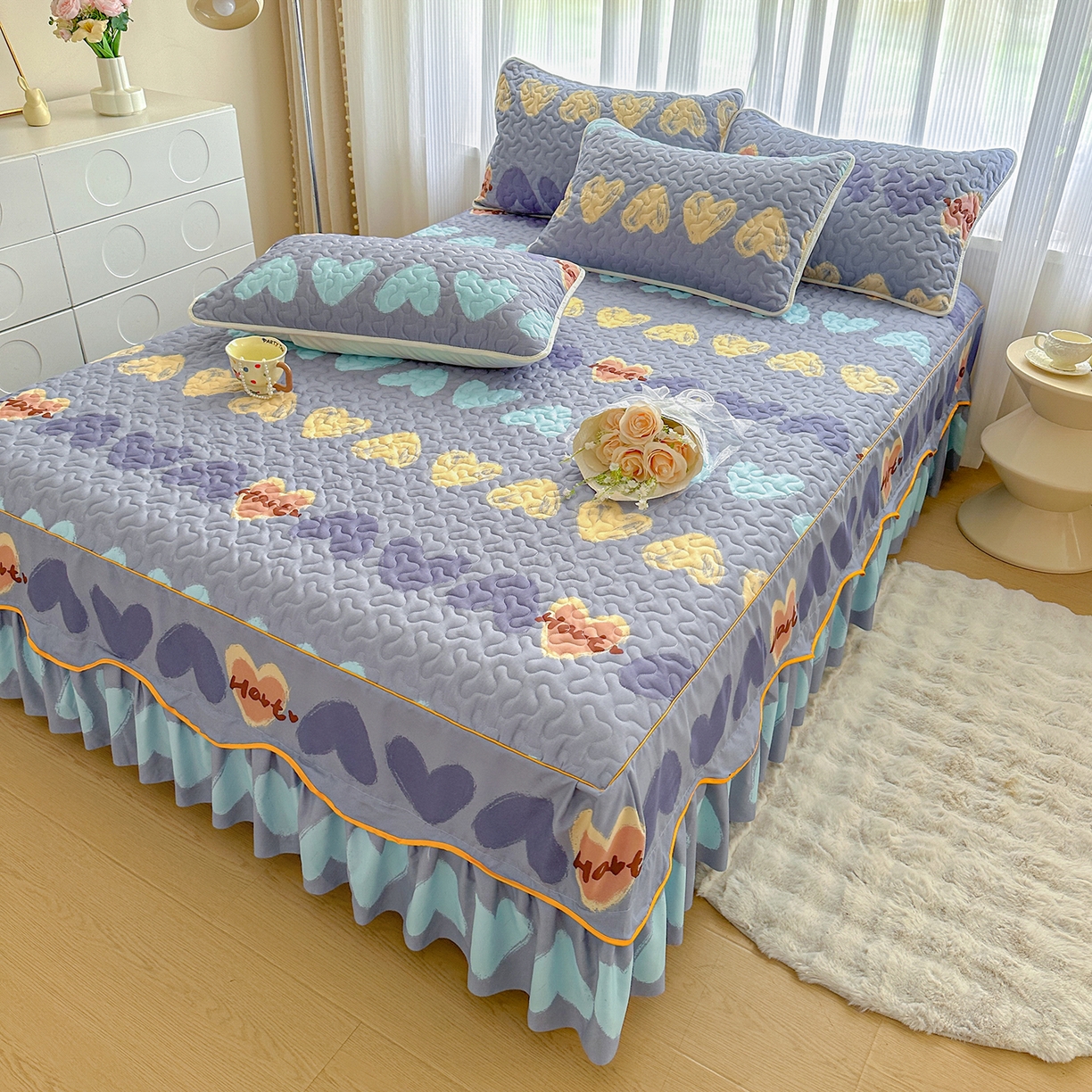 91家纺网 家纺一手货源 找家纺 笠裙家纺 2025新款磨毛夹棉S边单件三件套韩版防滑床裙单床裙床裙单件 心定律