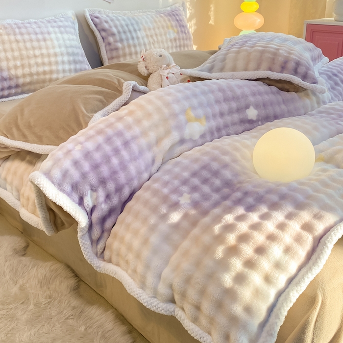 91家纺网 家纺一手货源 找家纺 悦织湾家纺 2025新款床单床笠款A类仿兔毛绒印花泡泡四件套轻奢牛奶绒四件套单双人学生宿舍 泡泡星空