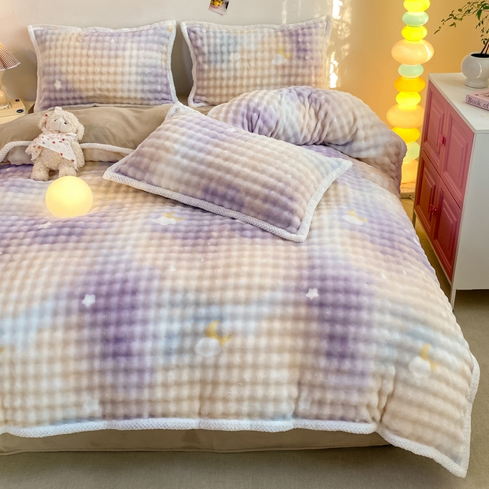 91家纺网 家纺一手货源 找家纺 悦织湾家纺 2025新款床单床笠款A类仿兔毛绒印花泡泡四件套轻奢牛奶绒四件套单双人学生宿舍 泡泡星空