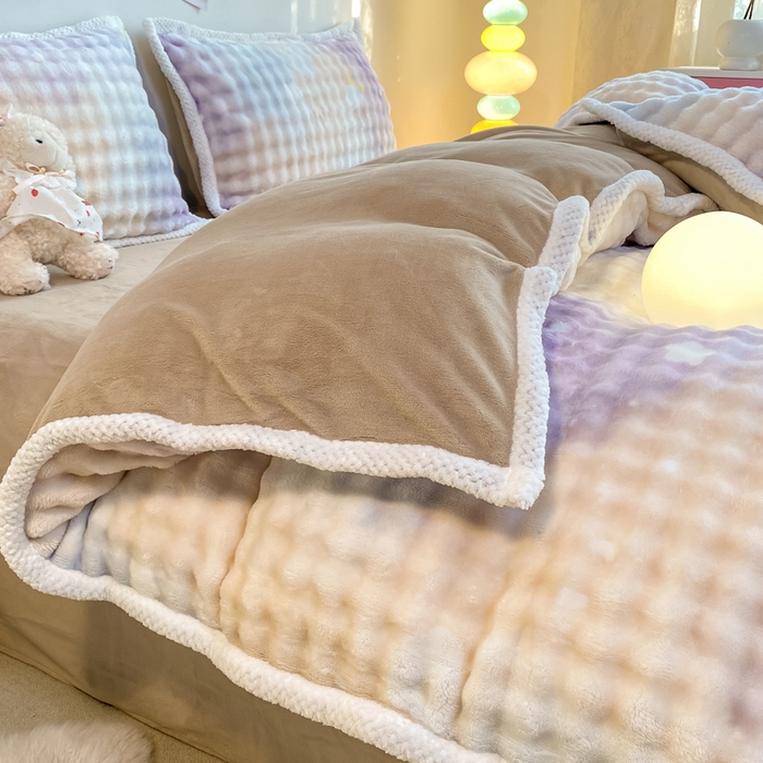 91家纺网 家纺一手货源 找家纺 悦织湾家纺 2025新款床单床笠款A类仿兔毛绒印花泡泡四件套轻奢牛奶绒四件套单双人学生宿舍 泡泡星空