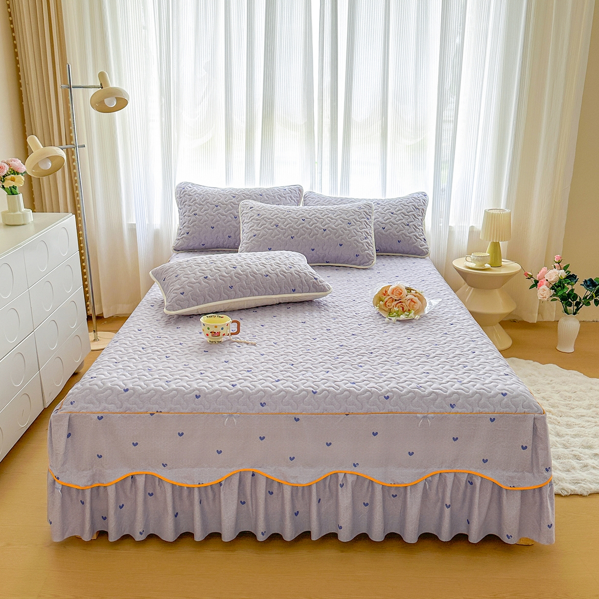 91家纺网 家纺一手货源 找家纺 笠裙家纺 2025新款磨毛夹棉S边单件三件套韩版防滑床裙单床裙床裙单件 心率