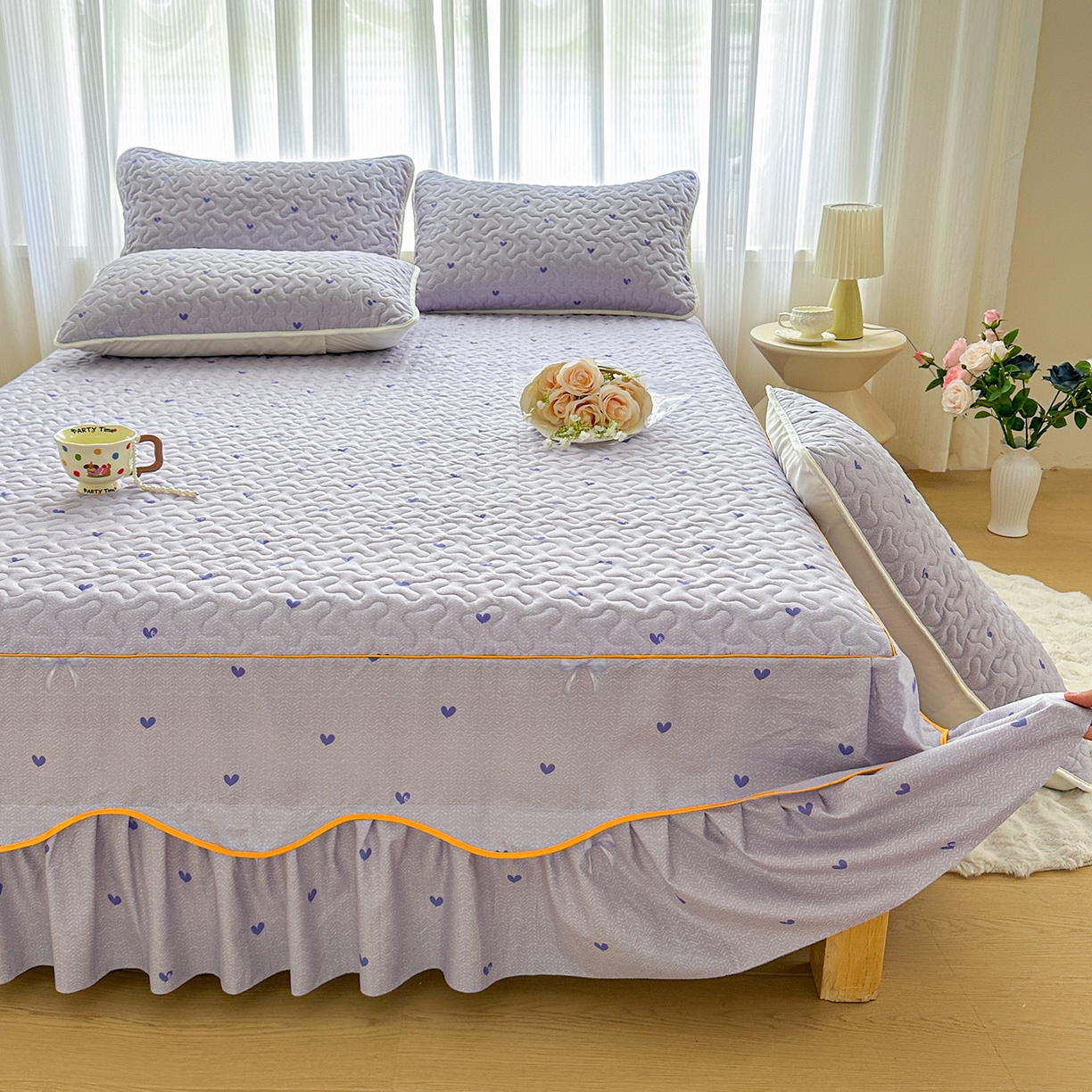 91家纺网 家纺一手货源 找家纺 笠裙家纺 2025新款磨毛夹棉S边单件三件套韩版防滑床裙单床裙床裙单件 心率