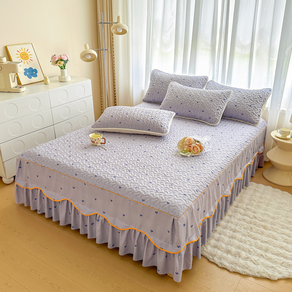 91家纺网 家纺一手货源 找家纺 笠裙家纺 2025新款磨毛夹棉S边单件三件套韩版防滑床裙单床裙床裙单件 心率