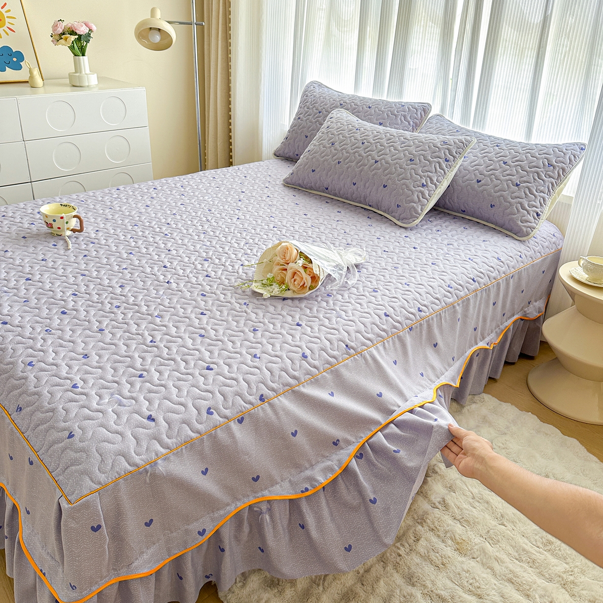 91家纺网 家纺一手货源 找家纺 笠裙家纺 2025新款磨毛夹棉S边单件三件套韩版防滑床裙单床裙床裙单件 心率