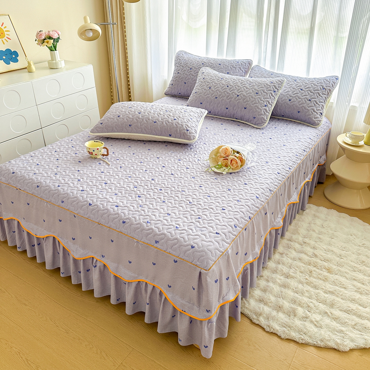 91家纺网 家纺一手货源 找家纺 笠裙家纺 2025新款磨毛夹棉S边单件三件套韩版防滑床裙单床裙床裙单件 心率