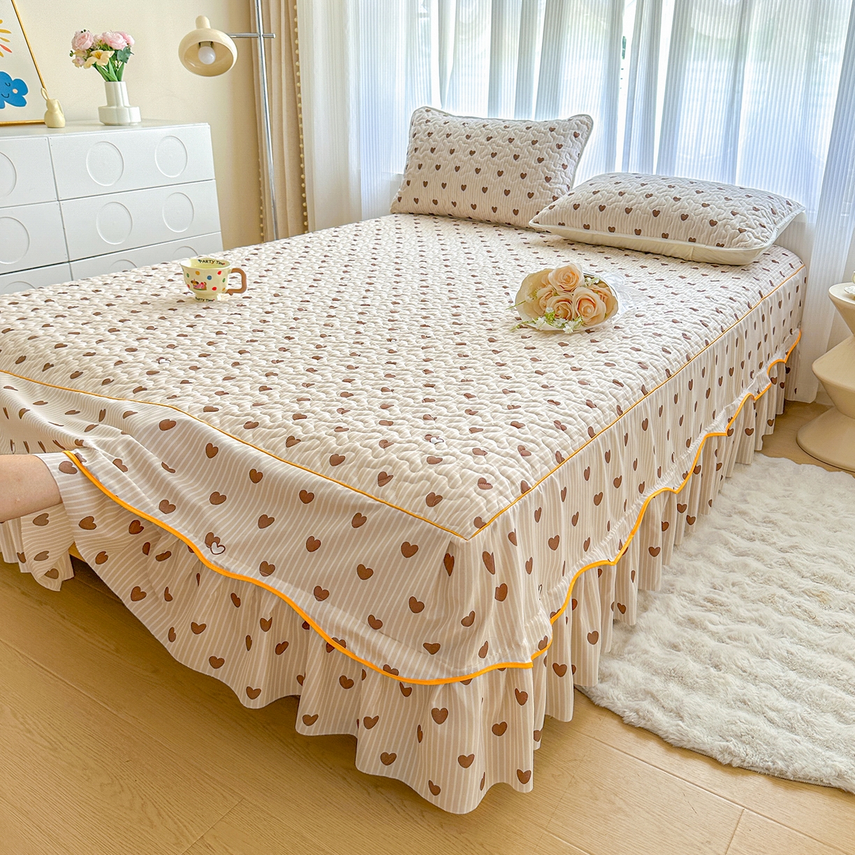 91家纺网 家纺一手货源 找家纺 笠裙家纺 2025新款磨毛夹棉S边单件三件套韩版防滑床裙单床裙床裙单件 心意