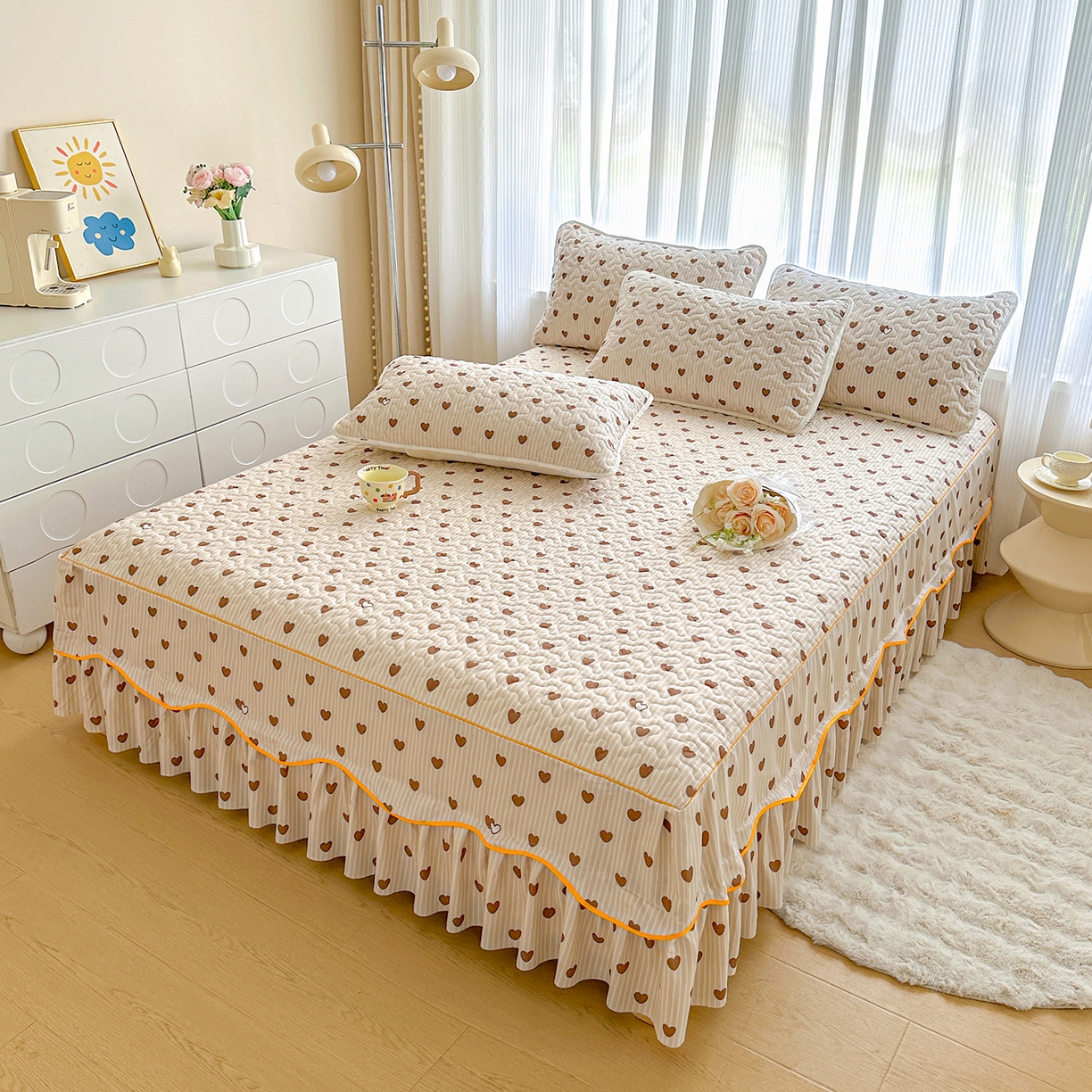 91家纺网 家纺一手货源 找家纺 笠裙家纺 2025新款磨毛夹棉S边单件三件套韩版防滑床裙单床裙床裙单件 心意