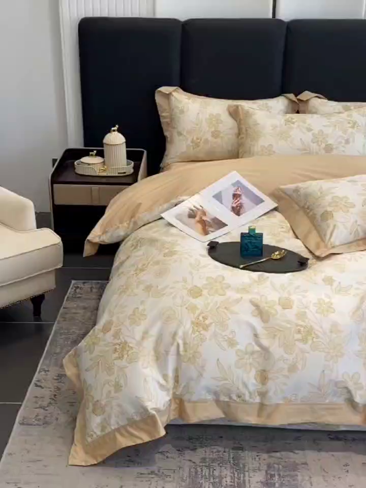 91家纺网 家纺一手货源 找家纺 娇逸家居 2025新款100支新疆长绒棉纯棉数码印花全棉四件套（专版花型） 初语-黄