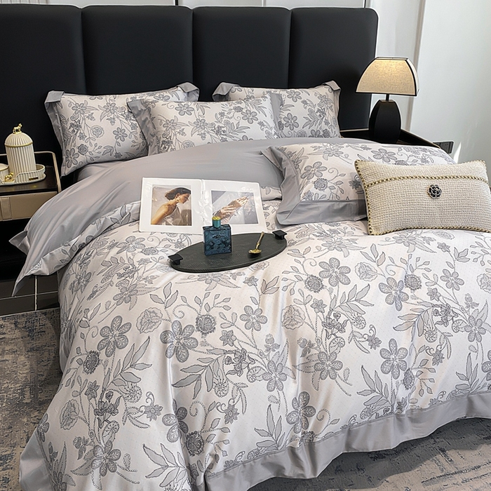 91家纺网 家纺一手货源 找家纺 娇逸家居 2025新款100支新疆长绒棉纯棉数码印花全棉四件套（专版花型） 初语-灰