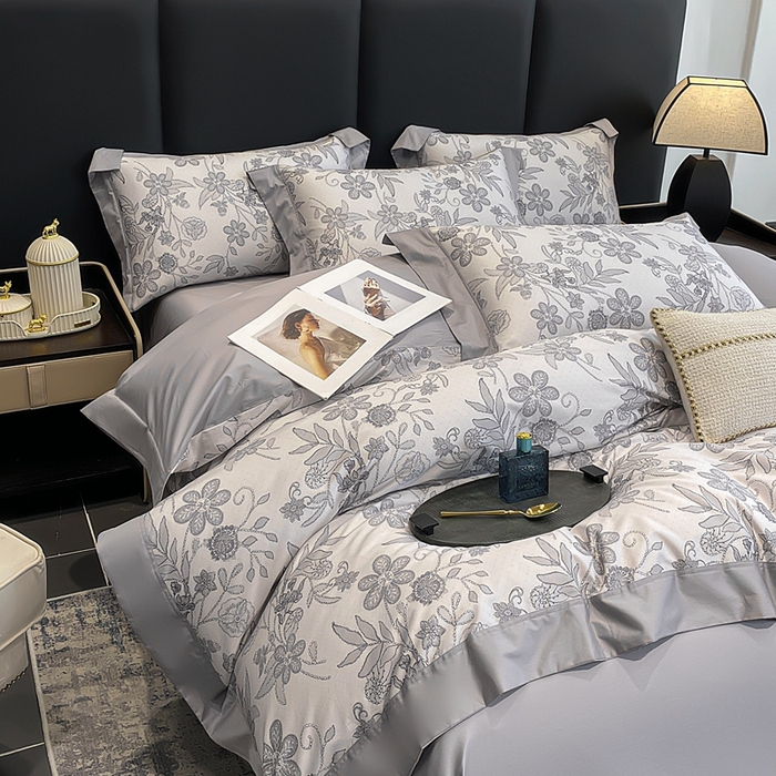 91家纺网 家纺一手货源 找家纺 娇逸家居 2025新款100支新疆长绒棉纯棉数码印花全棉四件套（专版花型） 初语-灰