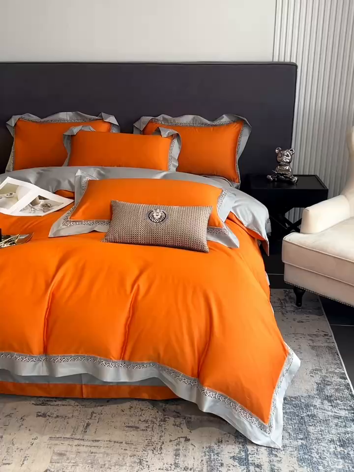 91家纺网 家纺一手货源 找家纺 娇逸家居 2025四季款100支全棉全棉纯棉镂空款四件套-圣地亚 圣地亚-靓橙黄
