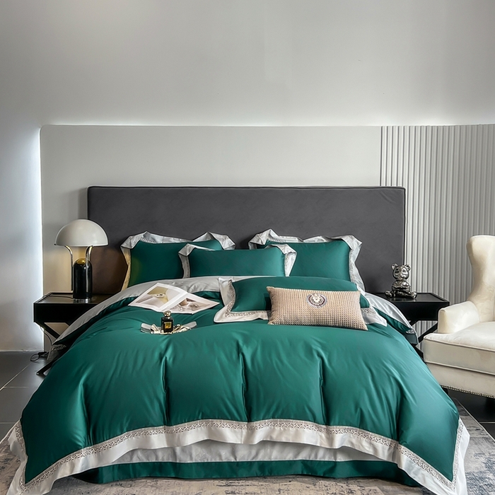 91家纺网 家纺一手货源 找家纺 娇逸家居 2025四季款100支全棉全棉纯棉镂空款四件套-圣地亚 圣地亚-玛瑙绿