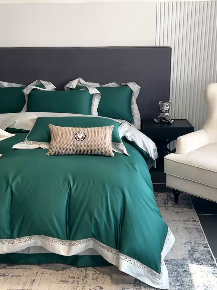 91家纺网 家纺一手货源 找家纺 娇逸家居 2025四季款100支全棉全棉纯棉镂空款四件套-圣地亚 圣地亚-玛瑙绿
