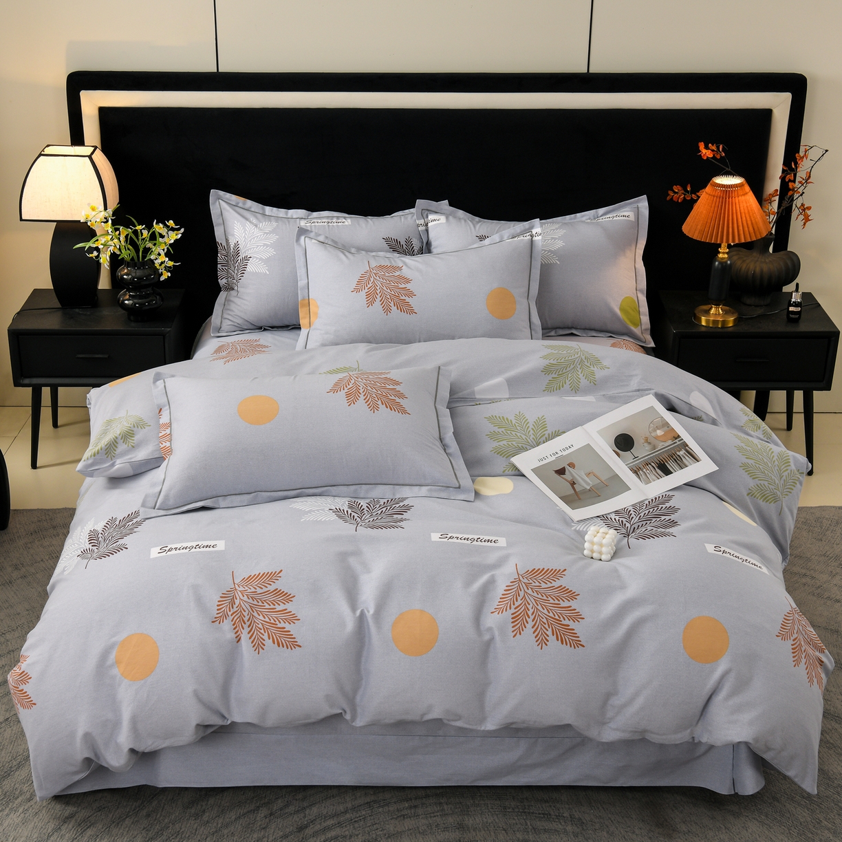 91家纺网 家纺一手货源 找家纺 润淳家居 2025新款百分百全棉磨毛四件套 花枝漫漫 灰